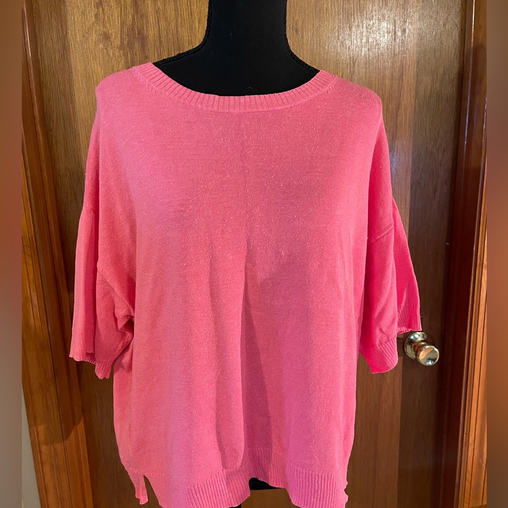Ann Taylor Womens Knit Top Pink Round Neck Half Sleeve Classic